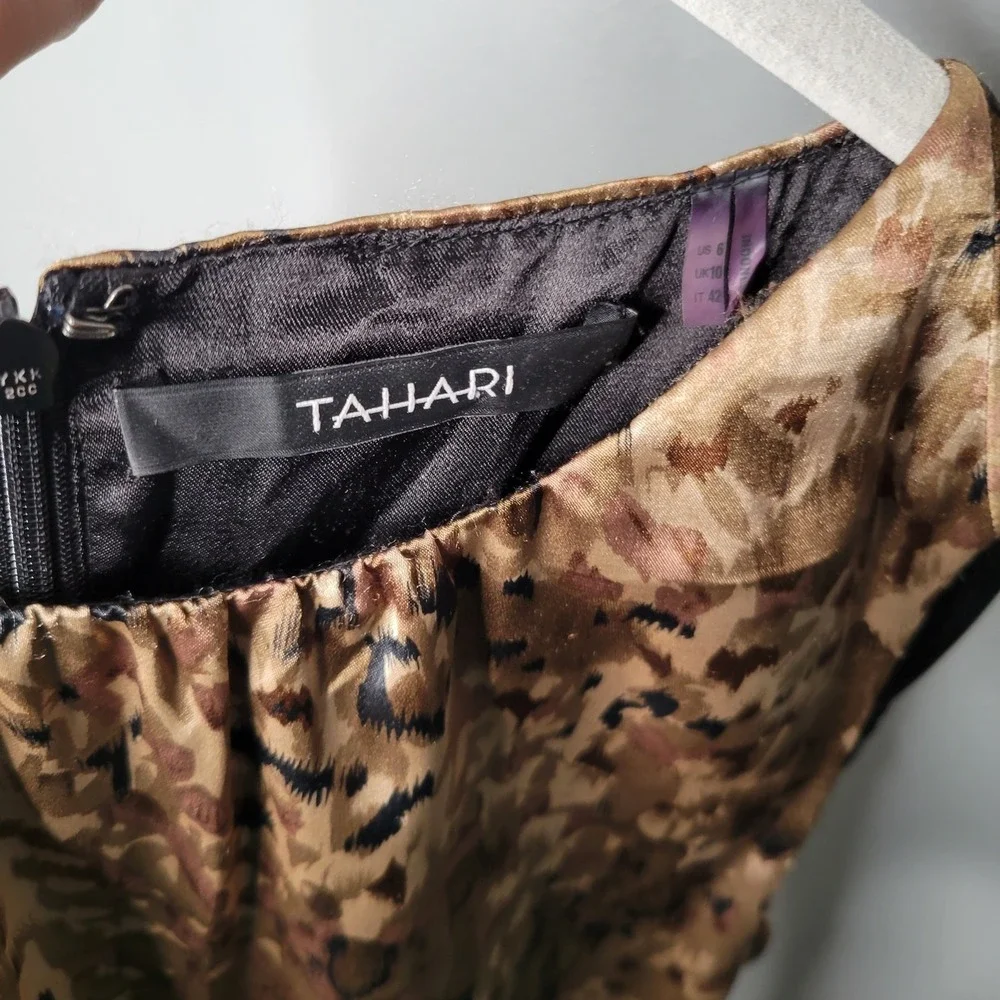 Tahari Black Sheath Dress Women's Size 6 US Beige Gold Print Sleeveless Knee